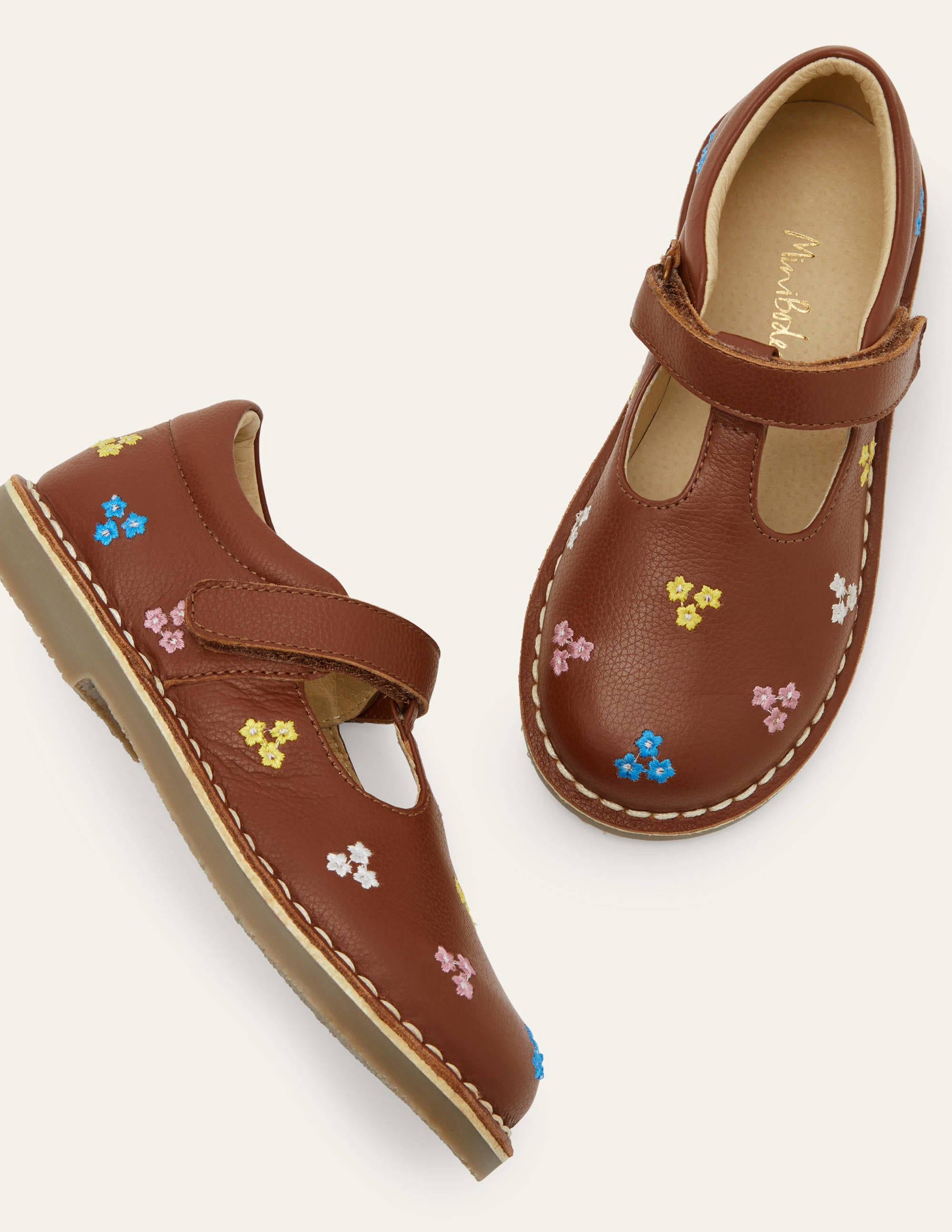 Salomés plats en cuir-Brodé fauve - Image 1