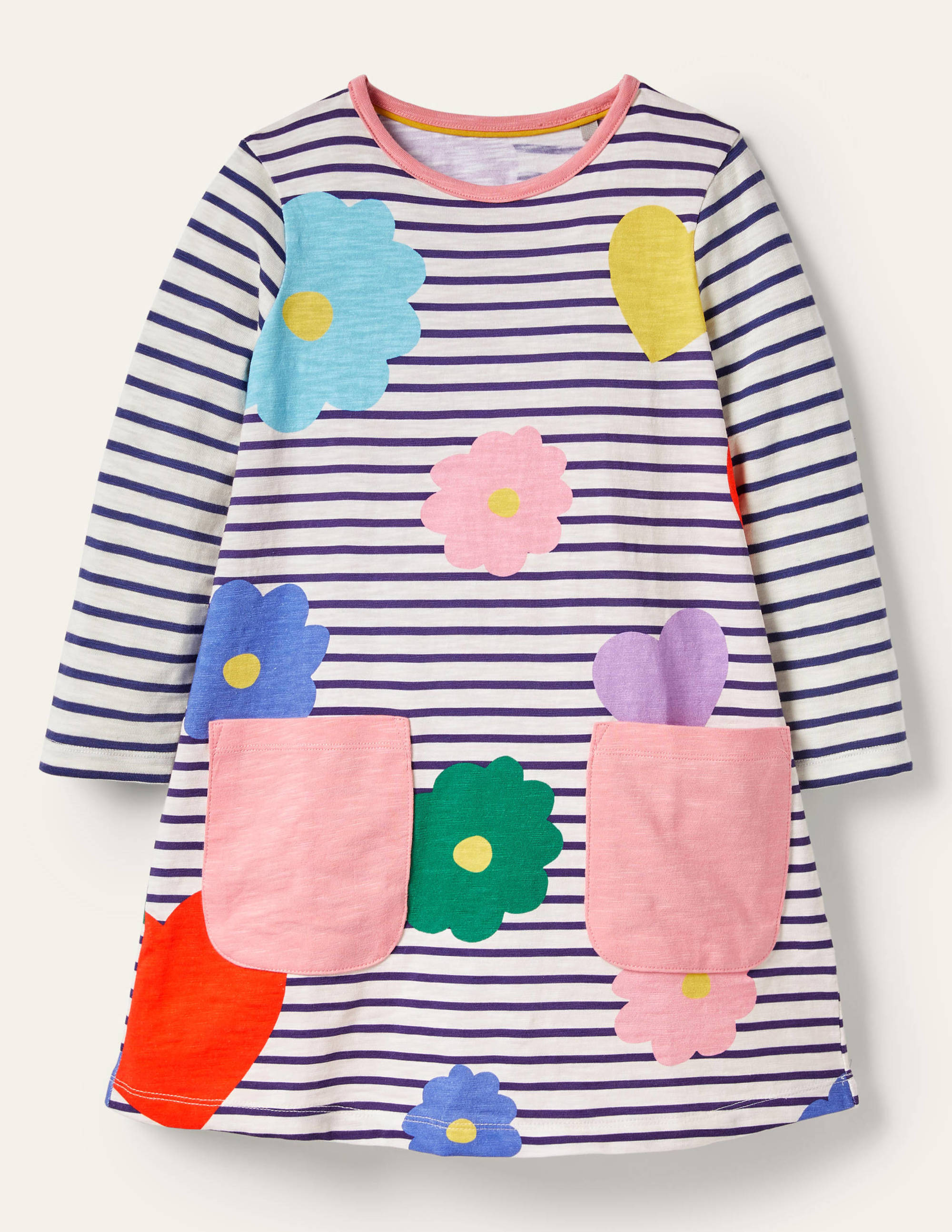 Fröhliches Jerseykleid mit Tasche-Naturweiß/Blau, Regenbogenfarbene Blumen - Image 1