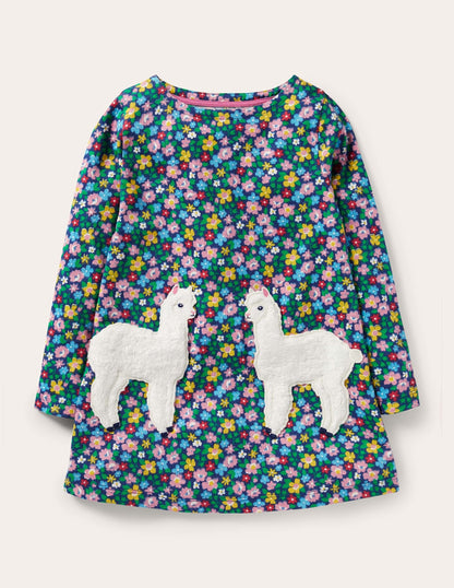 Tunika mit applizierter Tasche-Segelblau, Blumenmuster/Alpaka-1