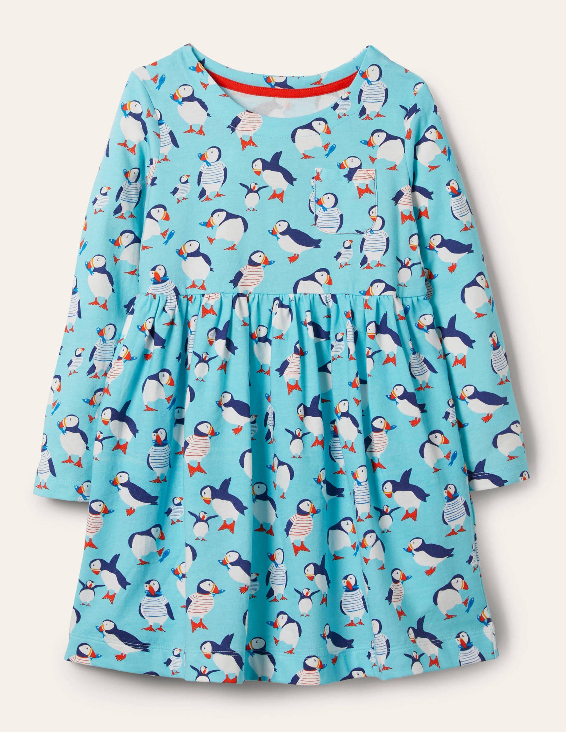 Fröhliches Jerseykleid mit langen Ärmeln-Wasserblau, Papageitaucher-1