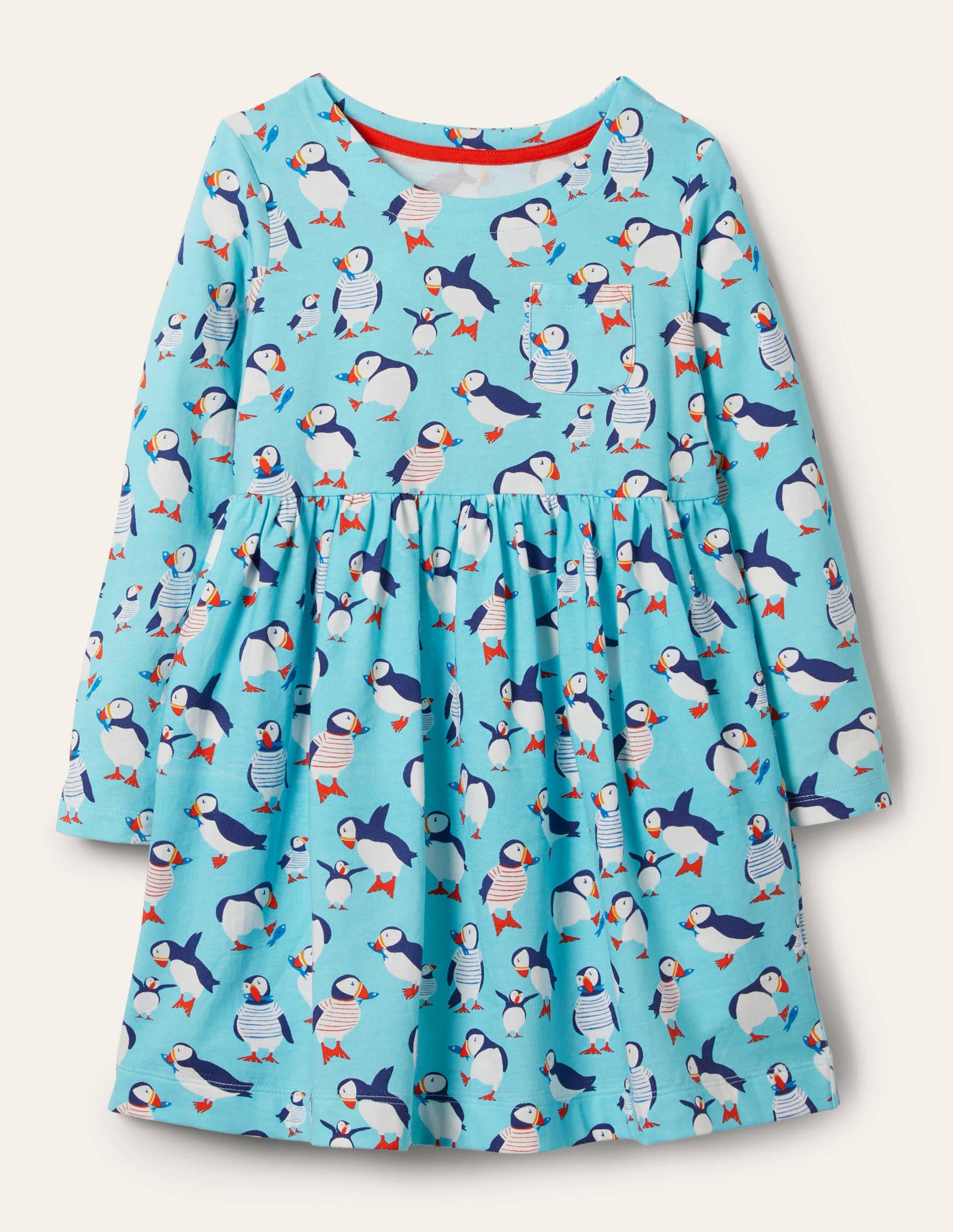 Fröhliches Jerseykleid mit langen Ärmeln-Wasserblau, Papageitaucher - Image 1