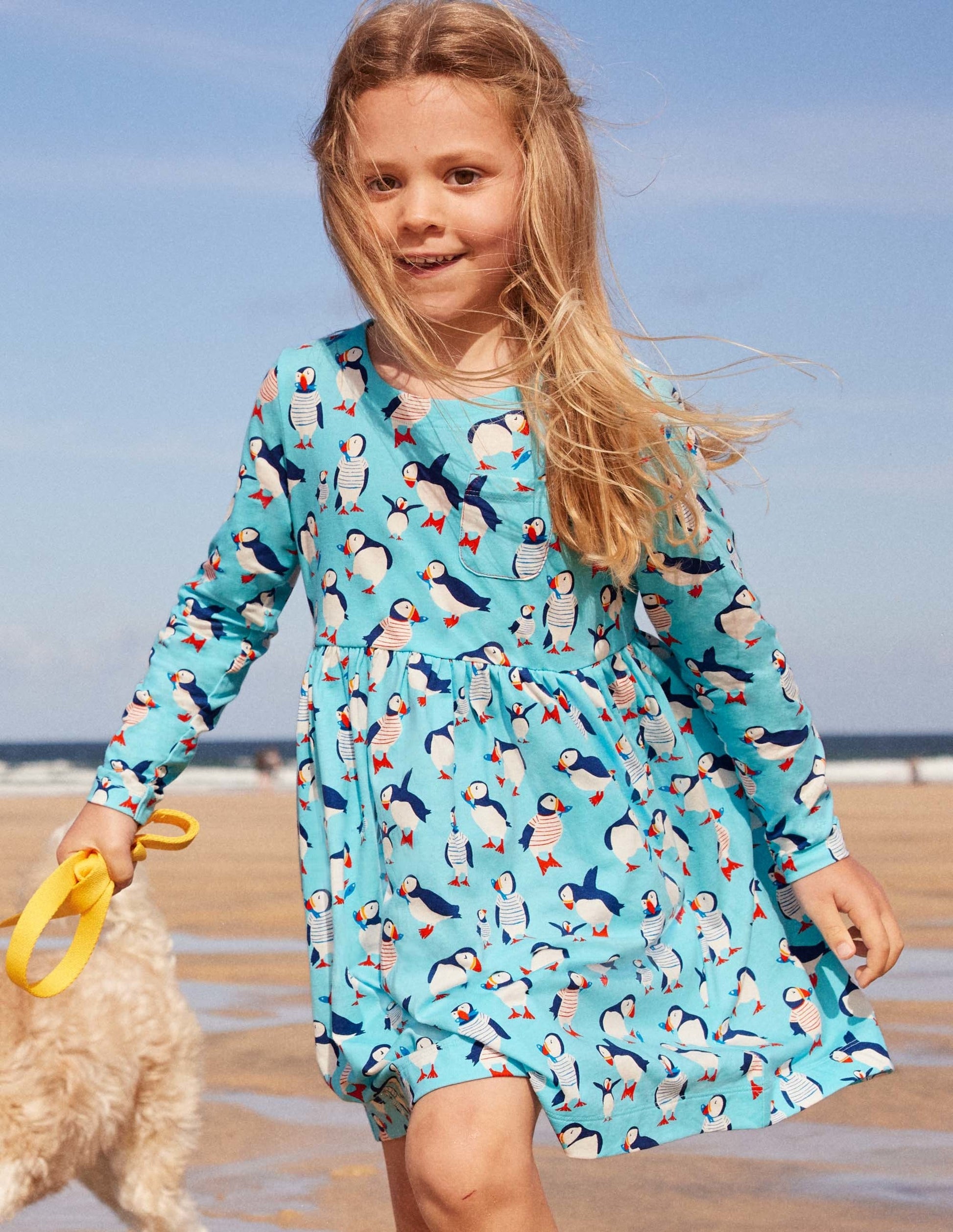 Fröhliches Jerseykleid mit langen Ärmeln-Wasserblau, Papageitaucher-7