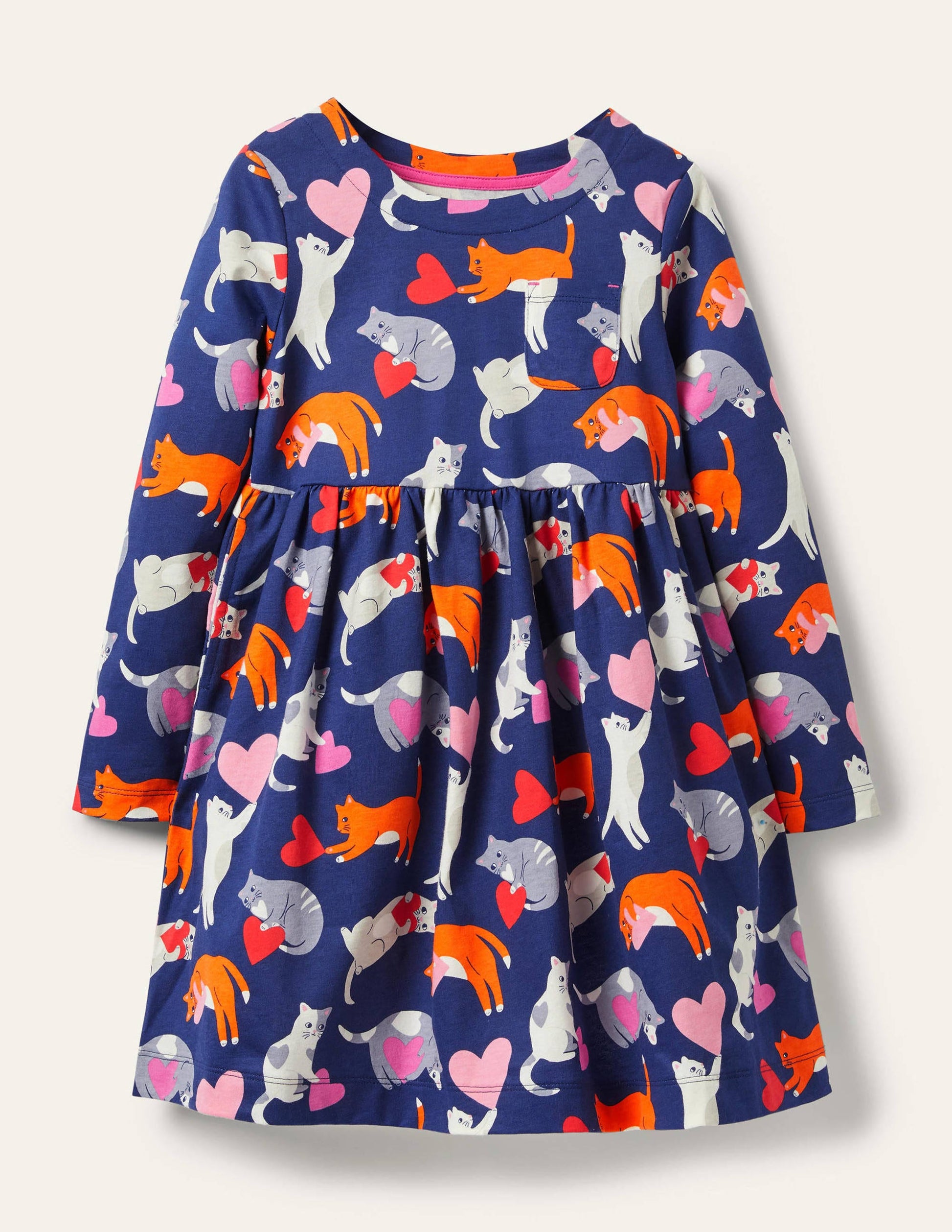 Fröhliches Jerseykleid mit langen Ärmeln-Segelblau, Katzen/Herzen-1
