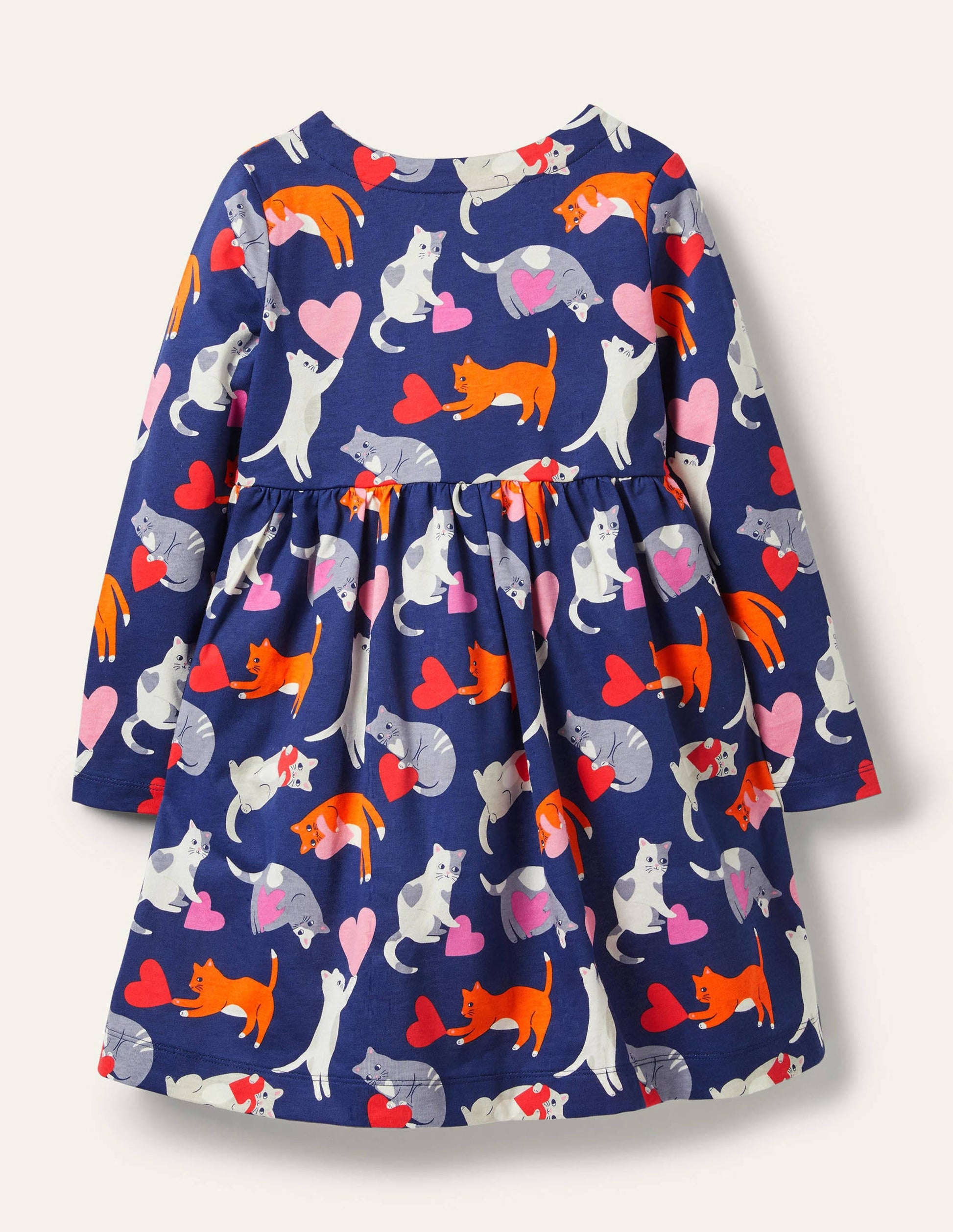 Fröhliches Jerseykleid mit langen Ärmeln-Segelblau, Katzen/Herzen-2