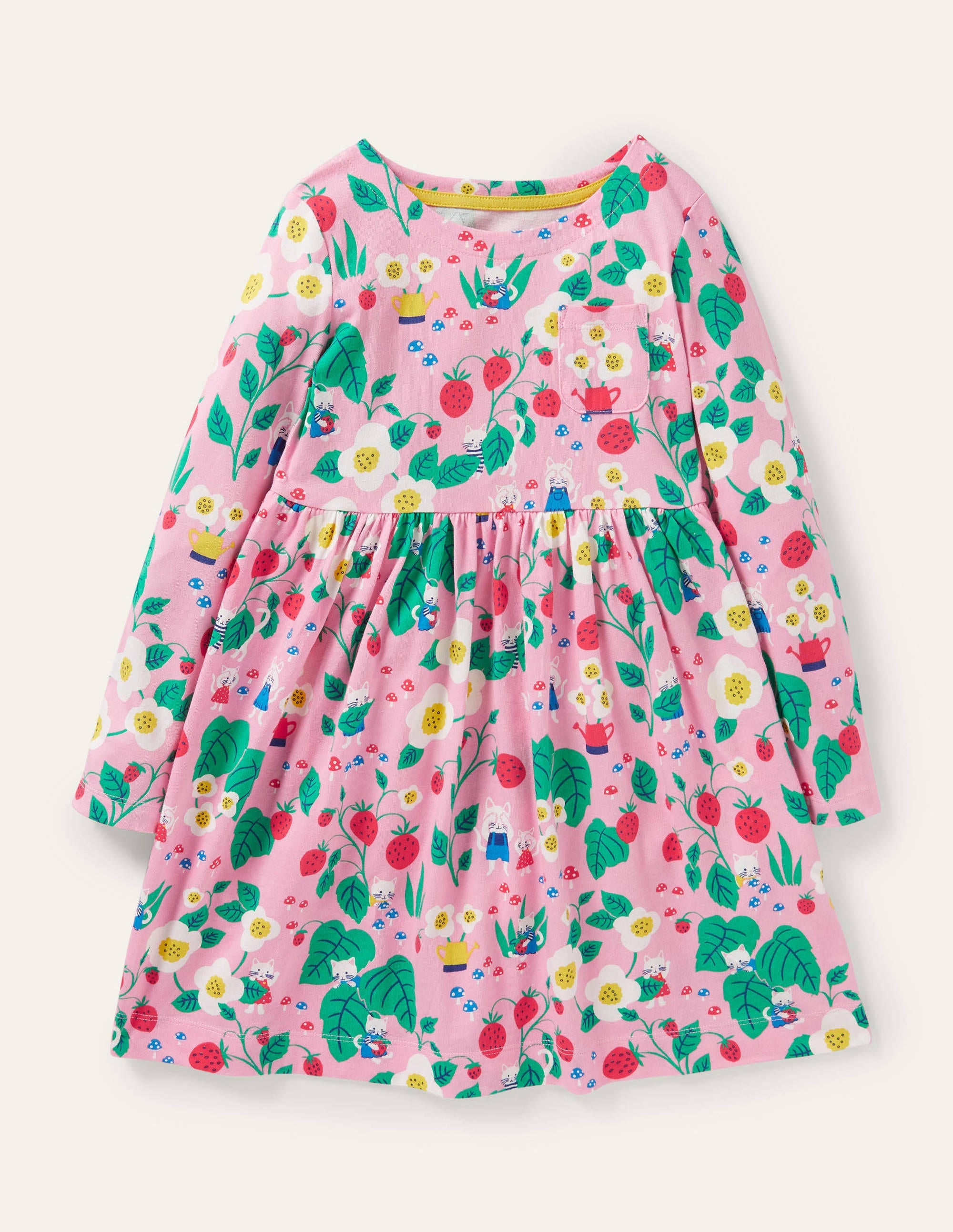 Long Sleeve Fun Jersey Dress-Pink Lemonade Strawberry Patch - Image 1