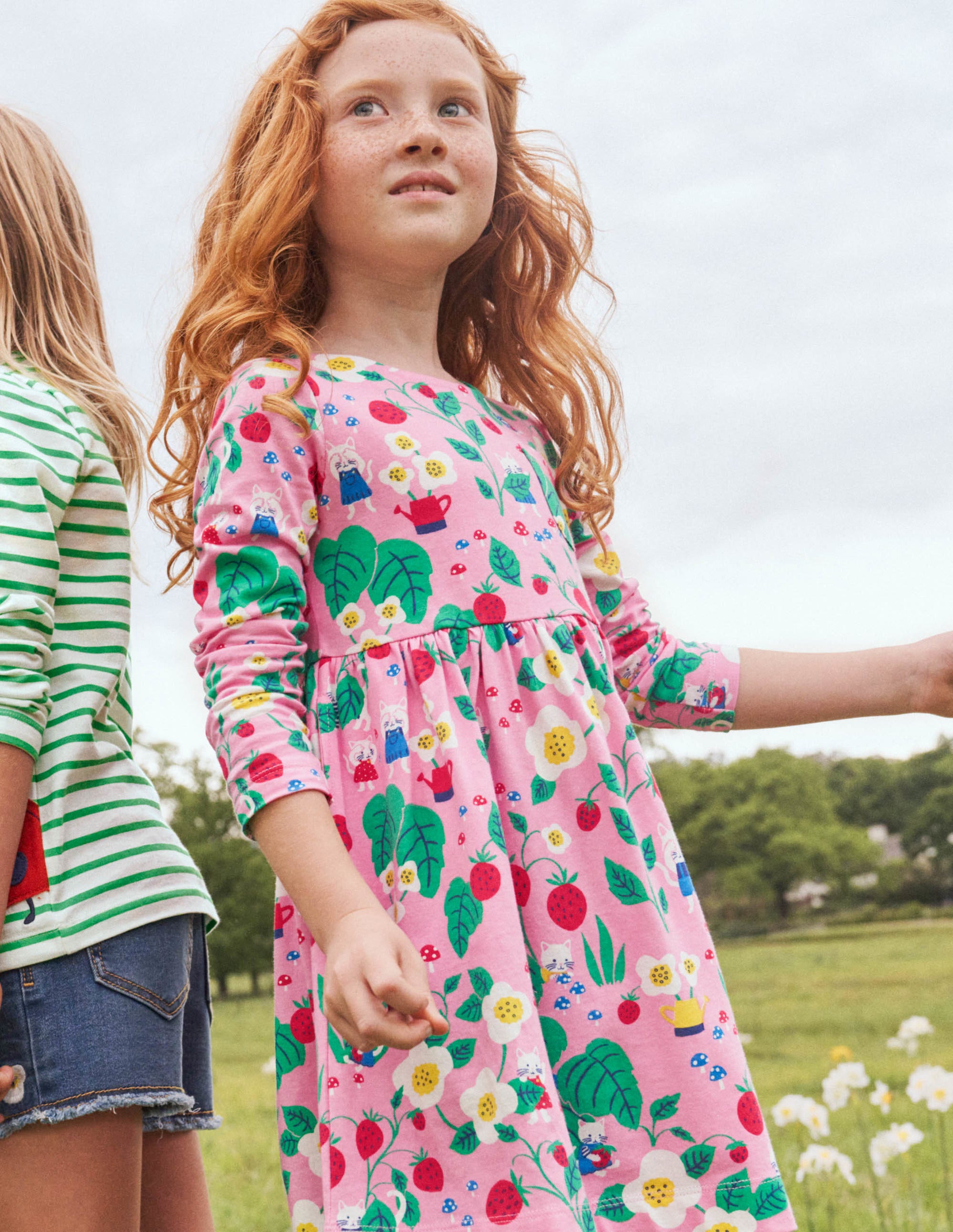 Long Sleeve Fun Jersey Dress-Pink Lemonade Strawberry Patch - Image 5
