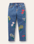Jean girlfriend-Motif floral denim vintage clair