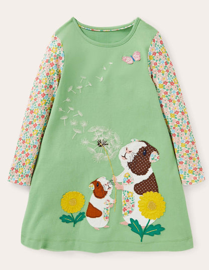 Langärmliges Kleid mit Applikation-Aloe-Vera-Grün, Meerschweinchen