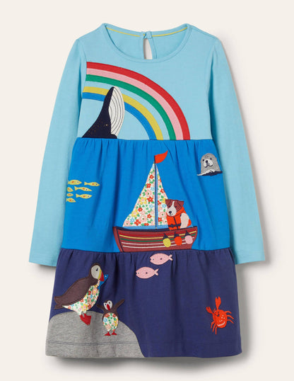 Stufenkleid mit Applikation-Wasserblau, Meeresszene