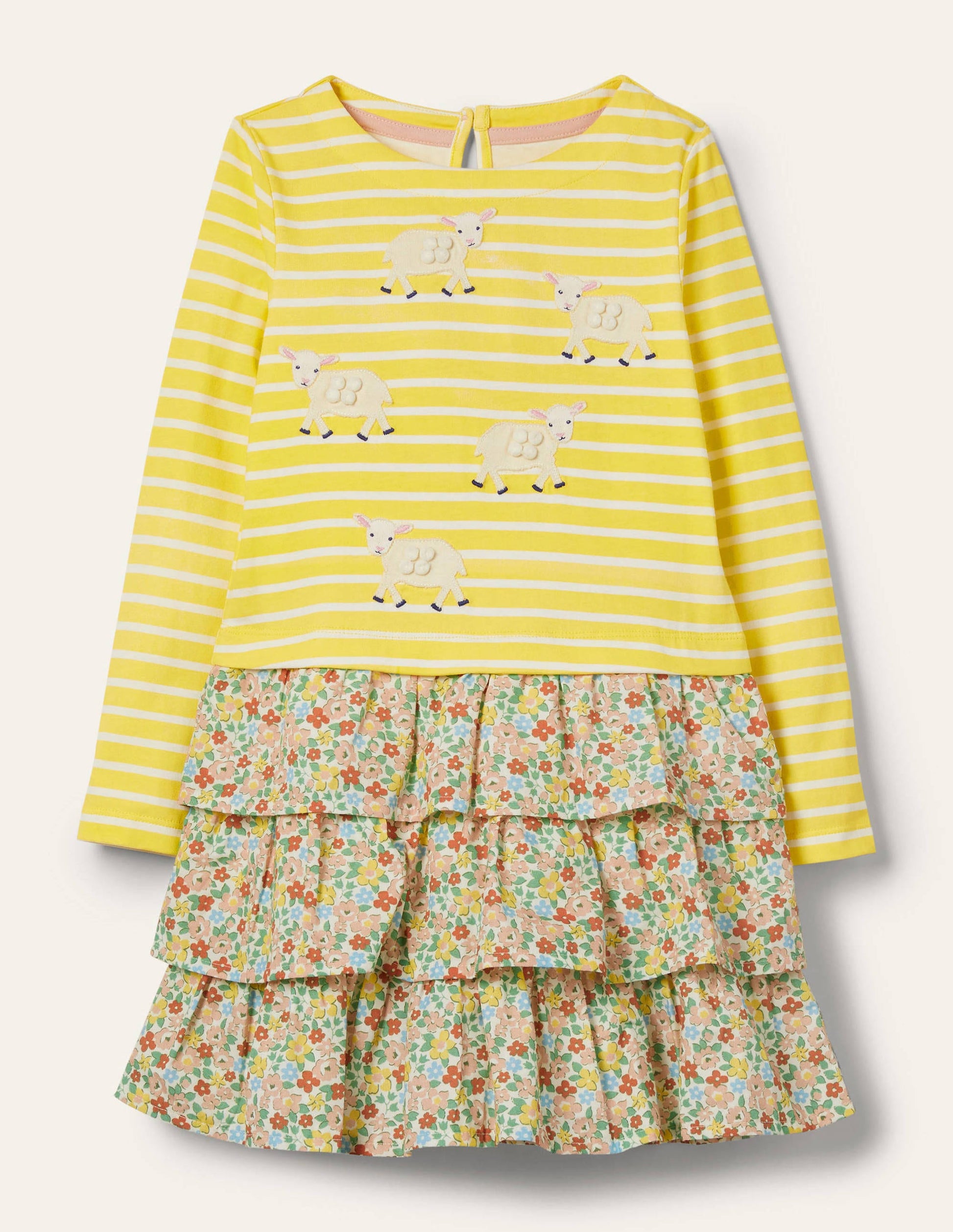 Kleid mit Applikationen und Mustermix-Maisgelb/Naturweiß, Schaf-1