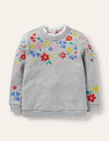 Sweat brodé-Motif floral gris chiné