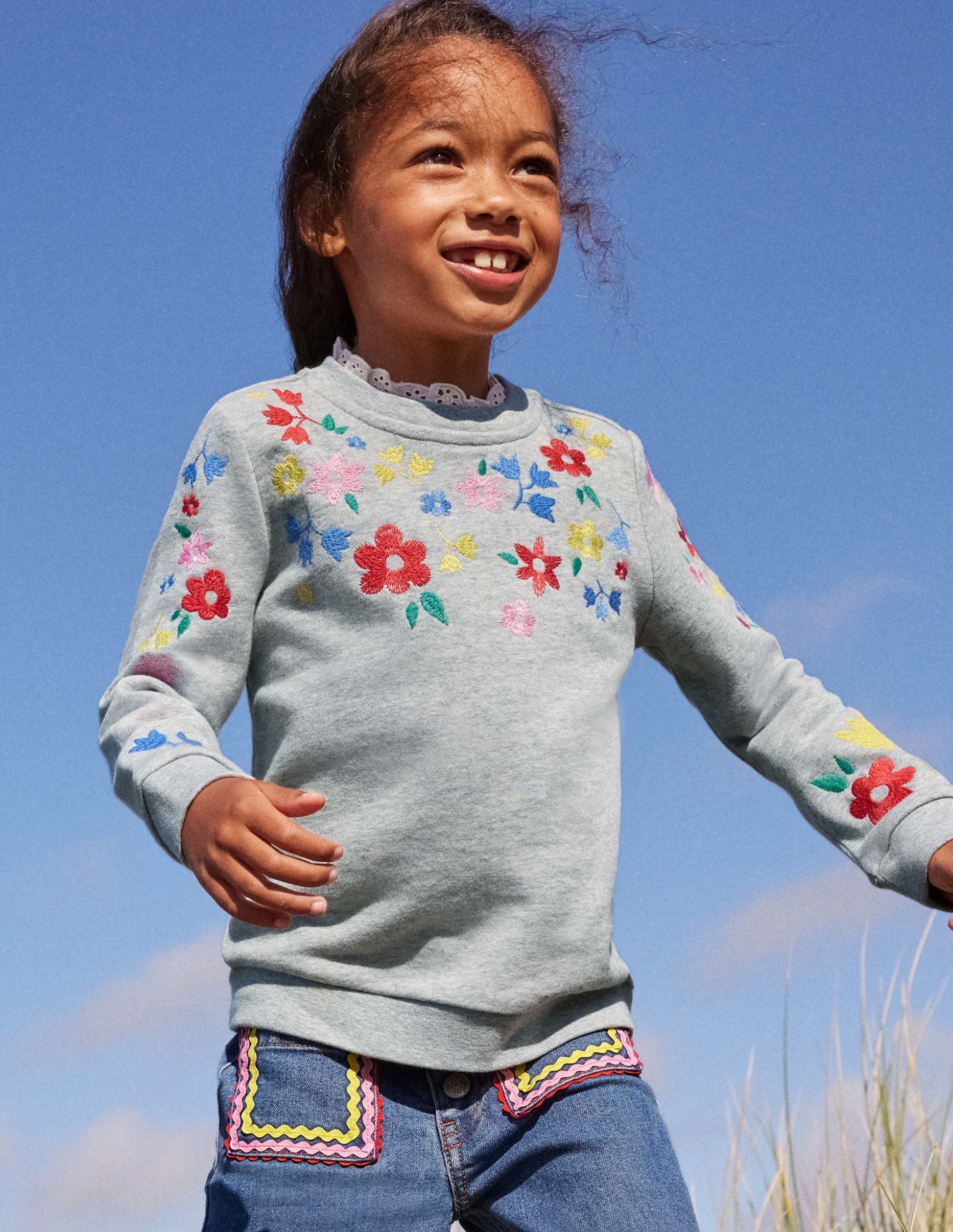 Sweat brodé-Motif floral gris chiné-4