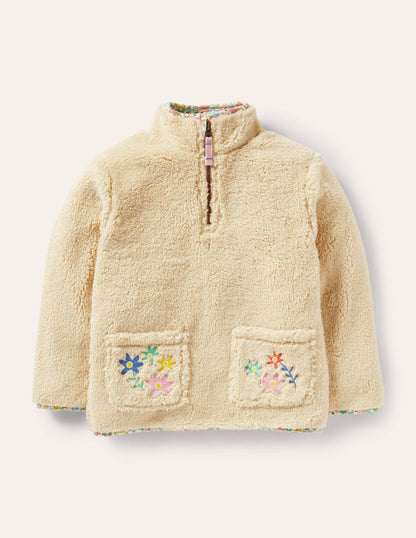 Teddy-Sweatshirt mit halbem Reißverschluss-Hellbeige, Pferdestickerei