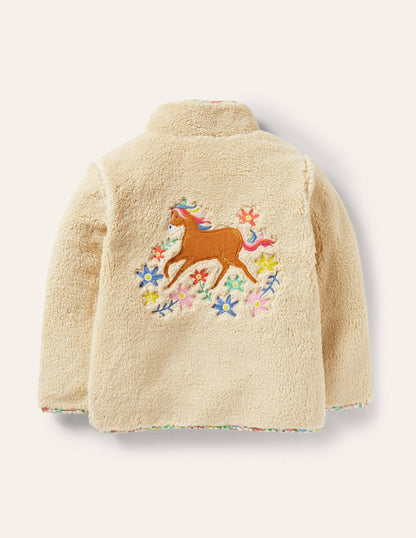 Teddy-Sweatshirt mit halbem Reißverschluss-Hellbeige, Pferdestickerei