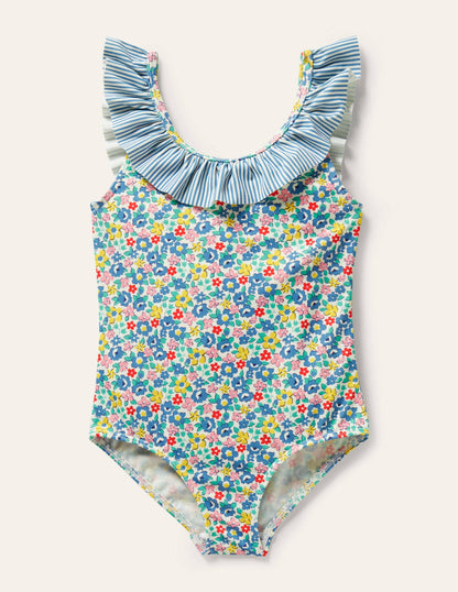 Badeanzug mit Rüschenkragen-Elisabethanisches Blau, Frühlingsblumen-1