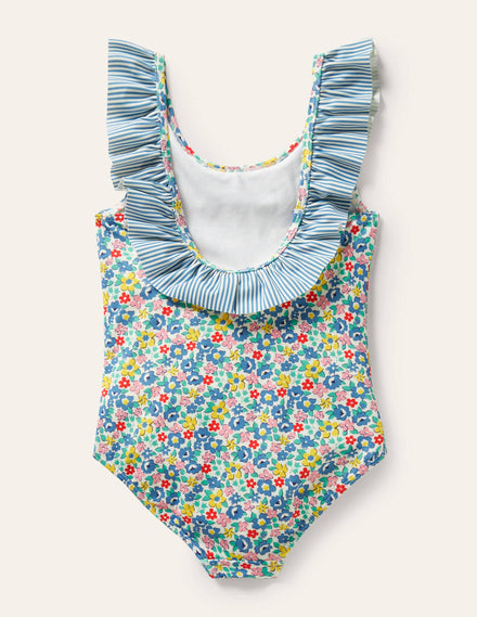 Badeanzug mit Rüschenkragen-Elisabethanisches Blau, Frühlingsblumen