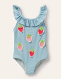 Frill Swimsuit-Blue/Ivory Ticking Strawberry