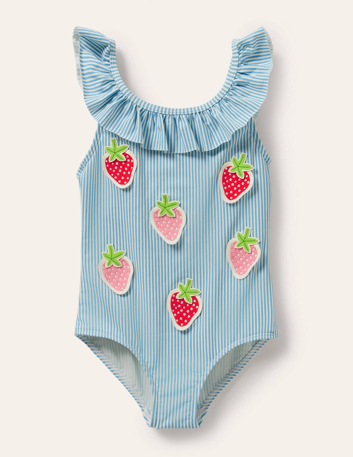 Badeanzug mit Rüschenkragen-Blau/Naturweiß, Feine Streifen/Erdbeeren