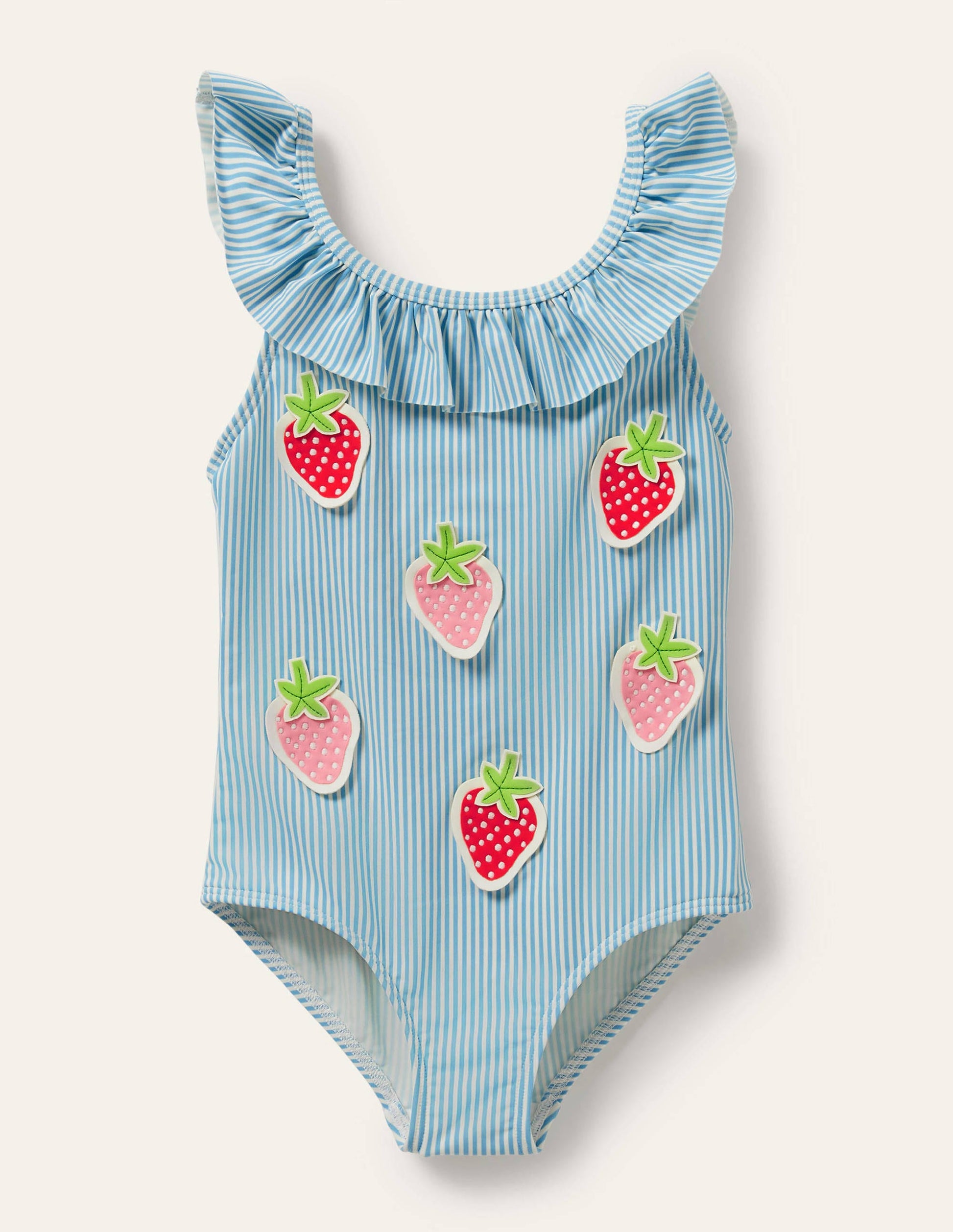Badeanzug mit Rüschenkragen-Blau/Naturweiß, Feine Streifen/Erdbeeren-1