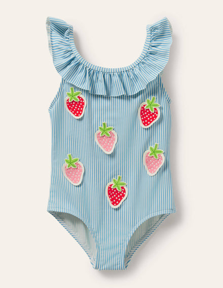 Badeanzug mit Rüschenkragen-Blau/Naturweiß, Feine Streifen/Erdbeeren