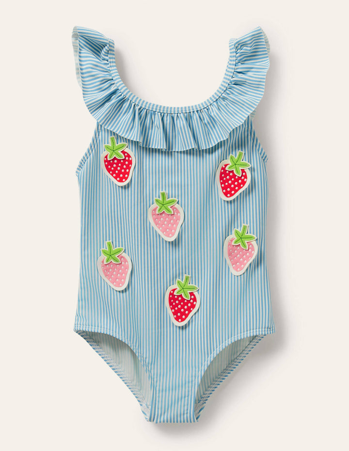 Frill Swimsuit-Blue/Ivory Ticking Strawberry