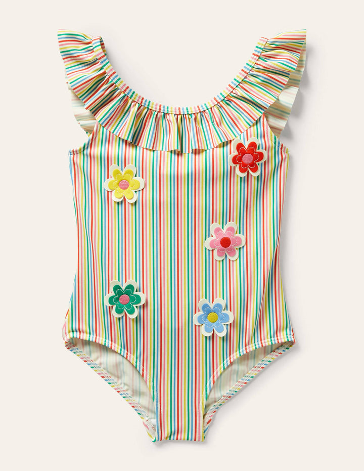 Frill Swimsuit-Ivory/Multi Stripe Flowers
