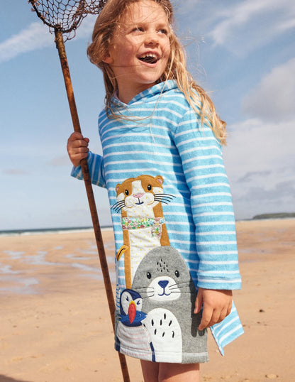Frottee-Strandkleid mit Applikationen-Wasserblau/Naturweiß, Meeresfreunde