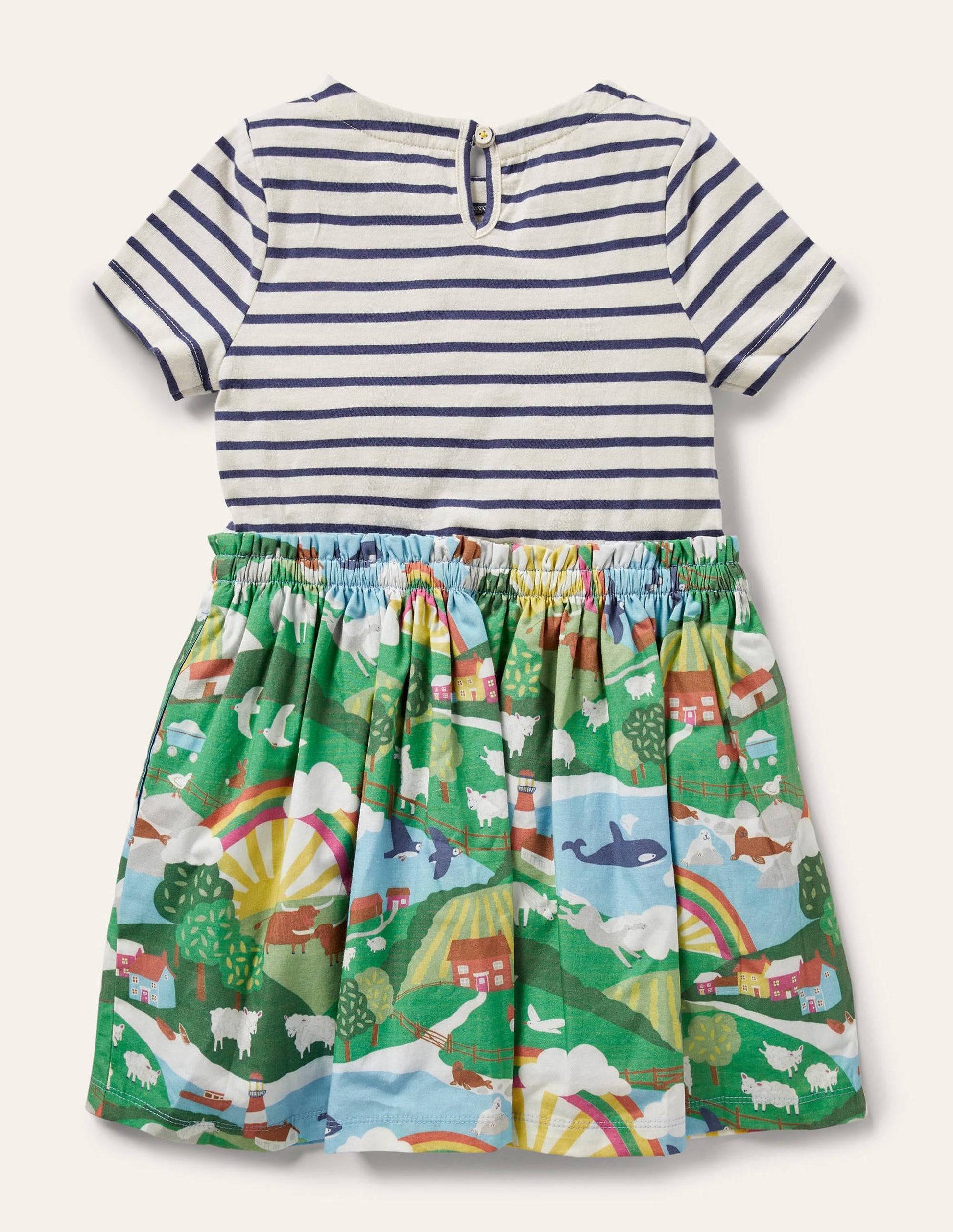 Kurzärmliges Kleid mit Mustermix-Naturweiß/Segelblau, Szenenmotiv-2