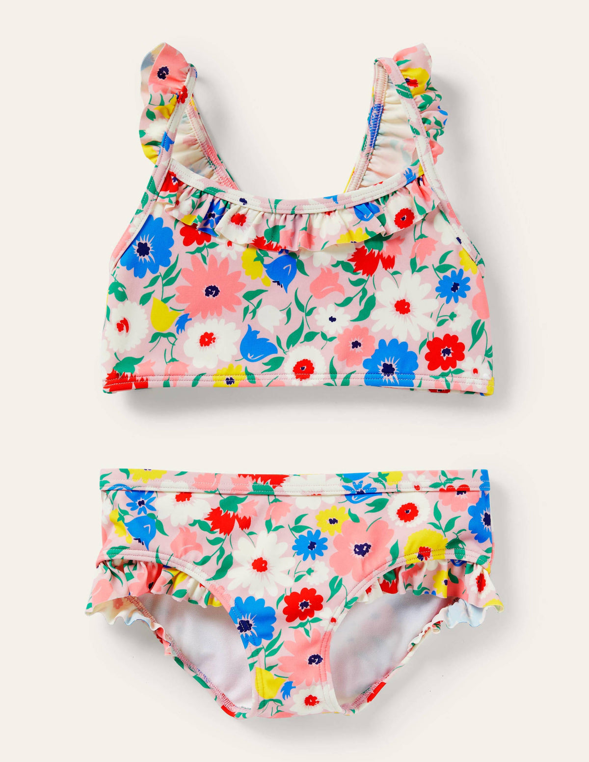 Gemustertes Bikiniset mit Rüschen-Delfinrosa, Gemaltes Blumenmuster-1