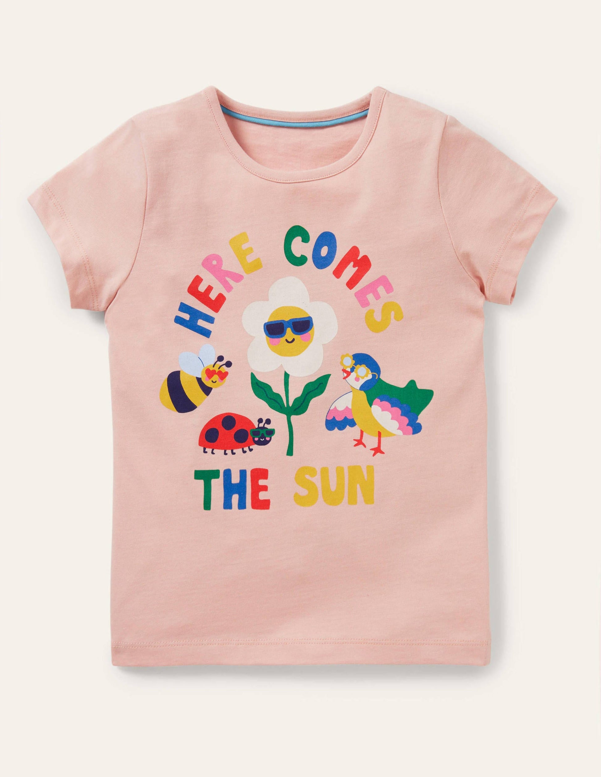 Kurzärmliges T-Shirt mit Muster-Rosa, „Here comes the sun“-Aufschrift-1