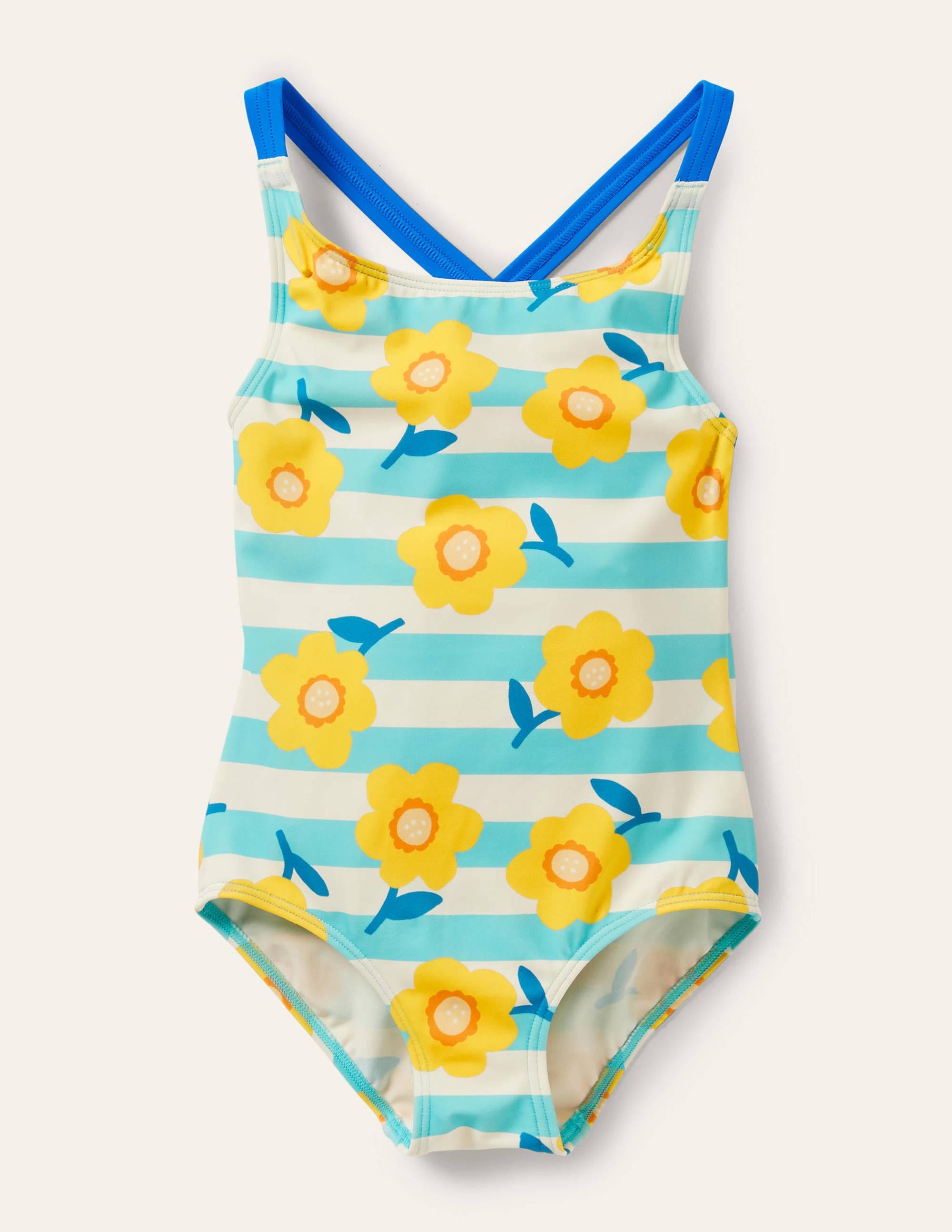 Maillot de bain imprimé croisé dans le dos-Jonquille bleu aigue-marine/ivoire - Image 1