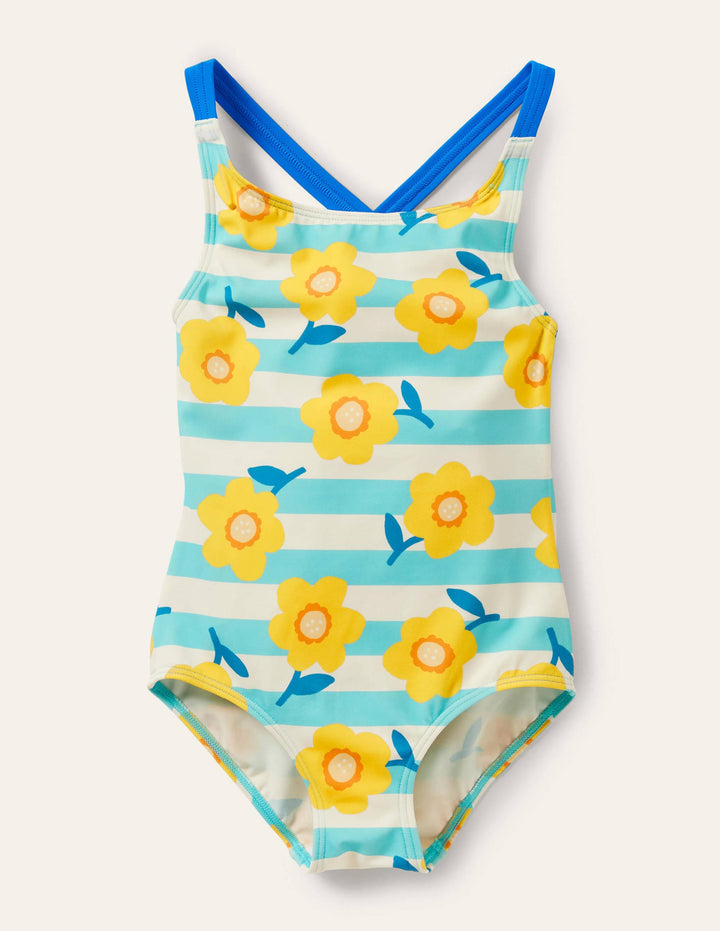 Cross-back Printed Swimsuit-Aqua Blue/ Ivory Daffodil
