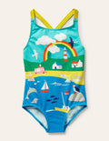 Cross-back Printed Swimsuit-Multi Coastal Scene