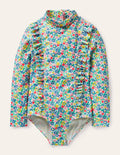 Maillot de bain manches longues volanté-Motif Spring Floral bleu élisabéthain