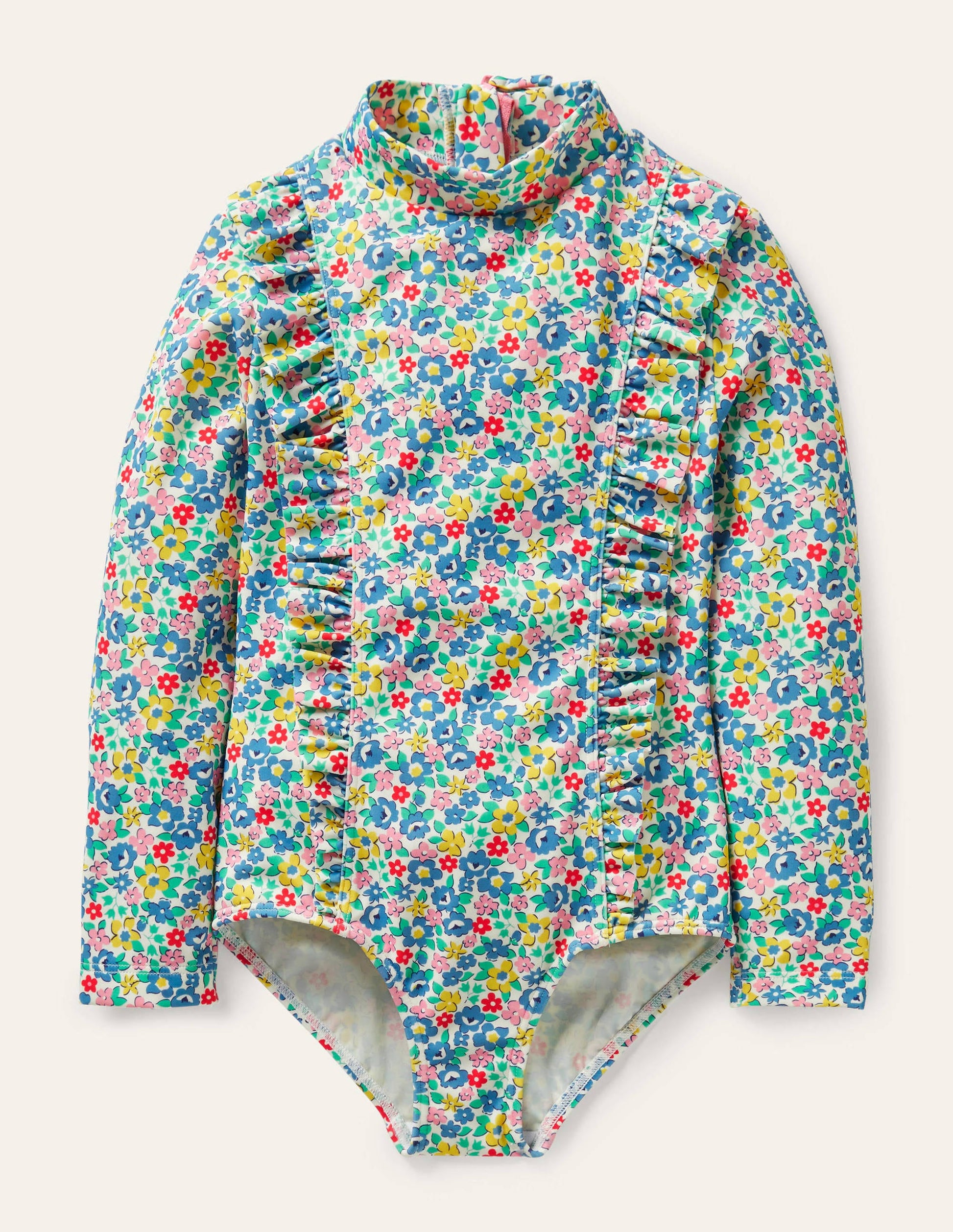Maillot de bain manches longues volanté-Motif Spring Floral bleu élisabéthain-1