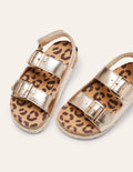 Sandales en cuir style espadrilles-Motif léopard métallisé doré