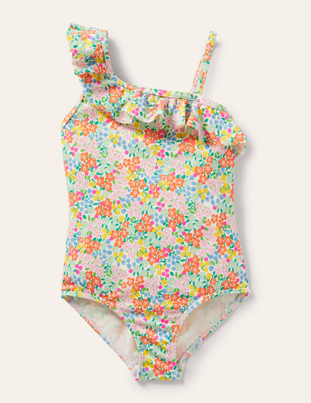 Badeanzug mit einer Schulter und Rüschen-Bunt, Tropisches Blumenbeet