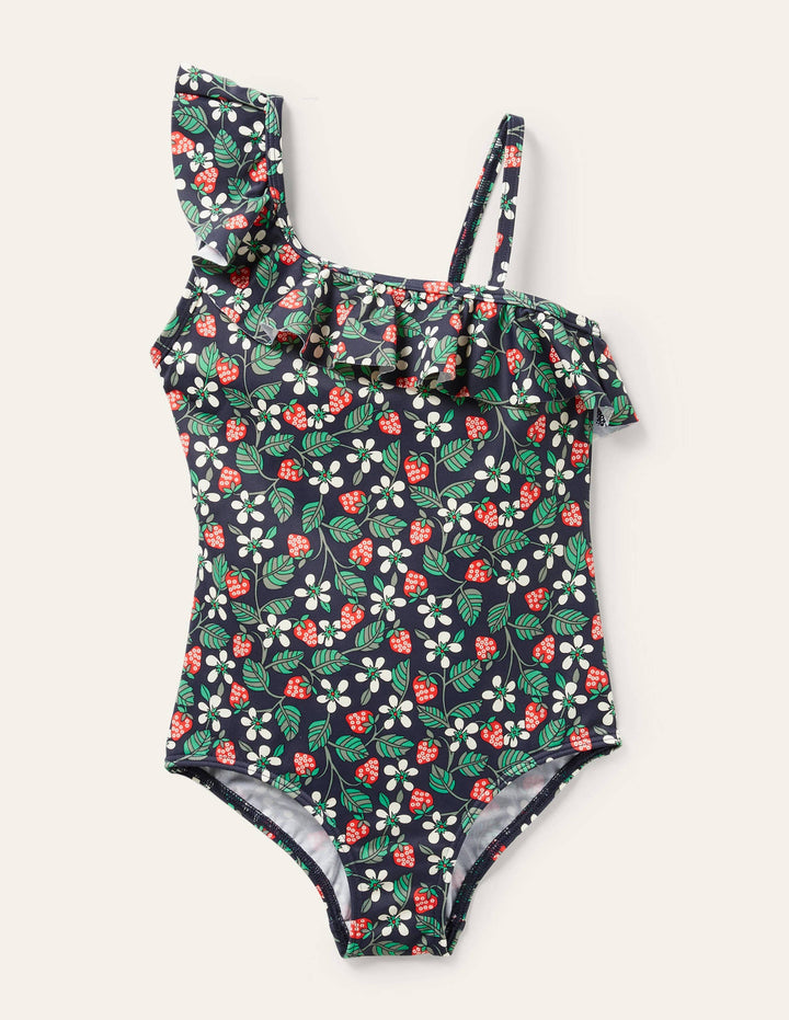 One Shoulder Frill Swimsuit-Navy Strawberry