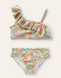 Bikini asymétrique à volants-Lit de fleurs tropicales multi