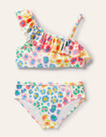 Bikini asymétrique à volants-Imprimé léopard multi