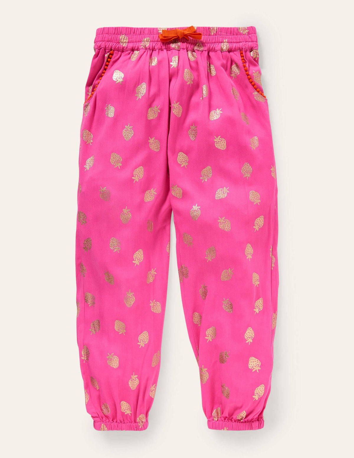 Lässige gemusterte Webhose-Knalliges Stiefmütterchenrosa, Erdbeeren aus Goldfolie - Image 1