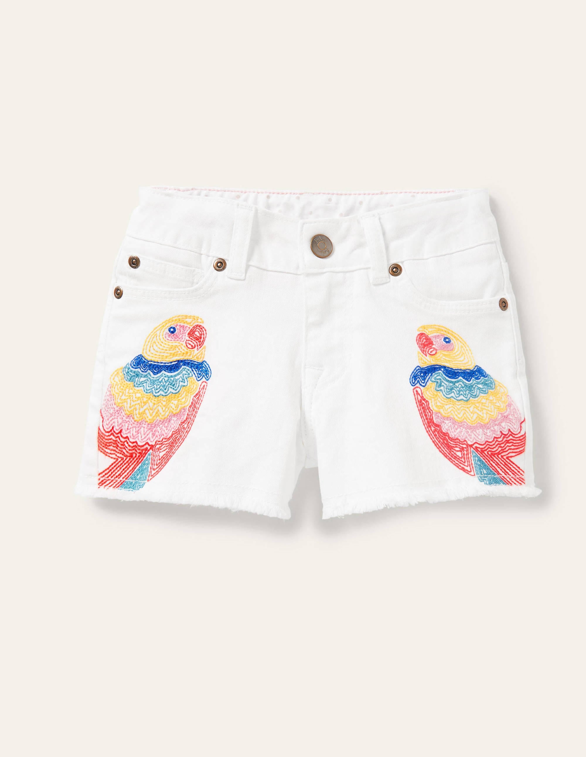 Denim Shorts-White Parrot Embroidery - Image 1