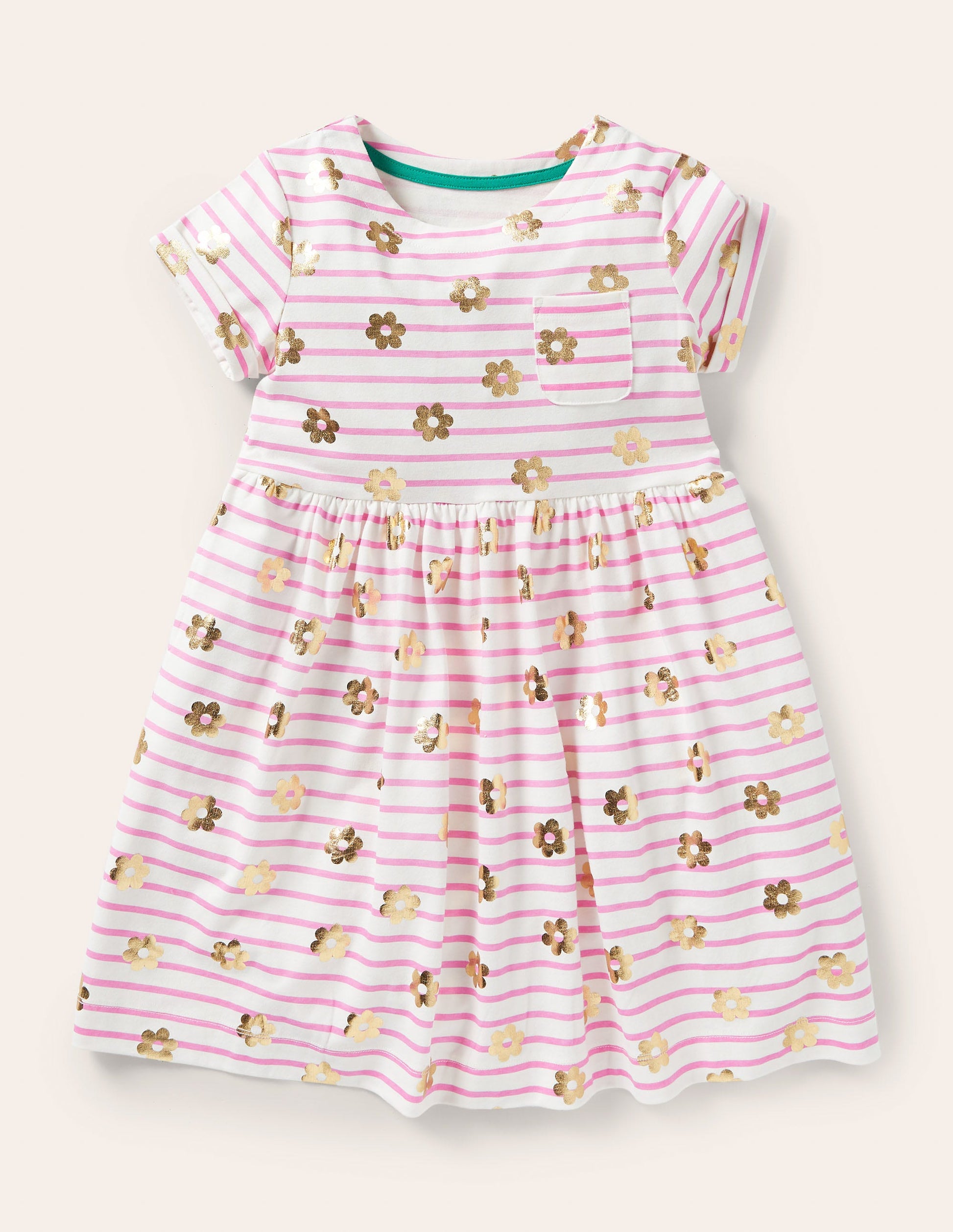 Robe fun en jersey à manches courtes-Pâquerette dorée rose glace à la fraise-1