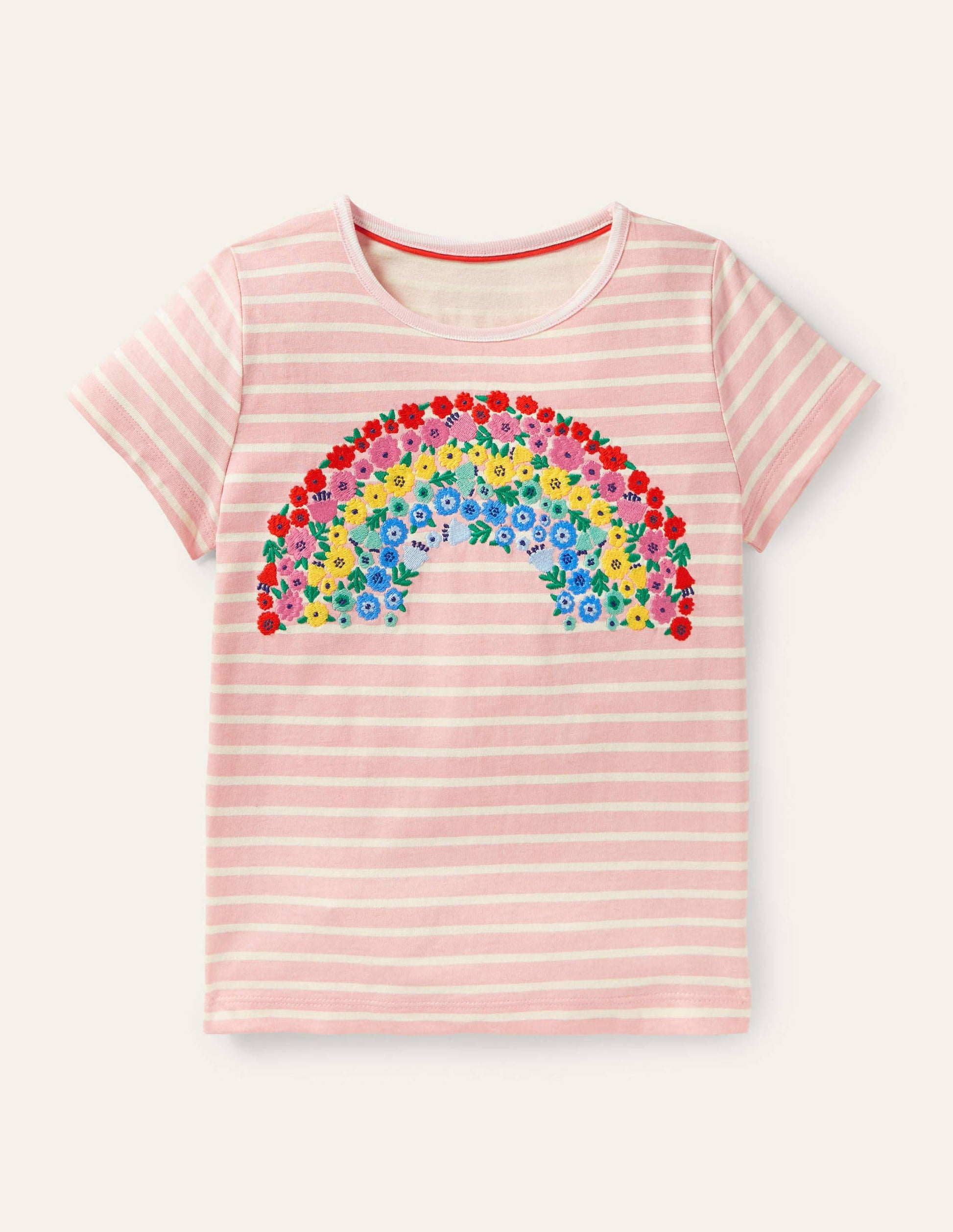 Gestreiftes T-Shirt mit Motiv-Delfinrosa/Naturweiß, Regenbogen-1
