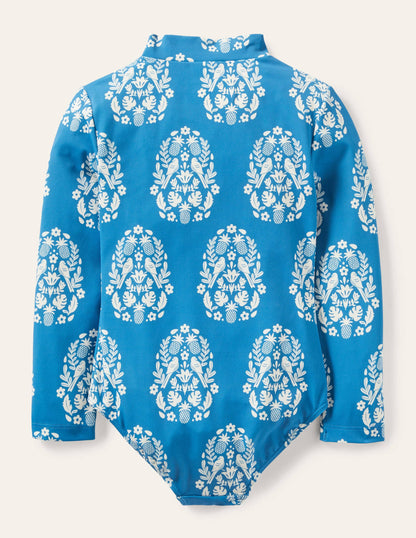 Maillot de bain à manches longues-Motif xylographique tropical bleu marina-3