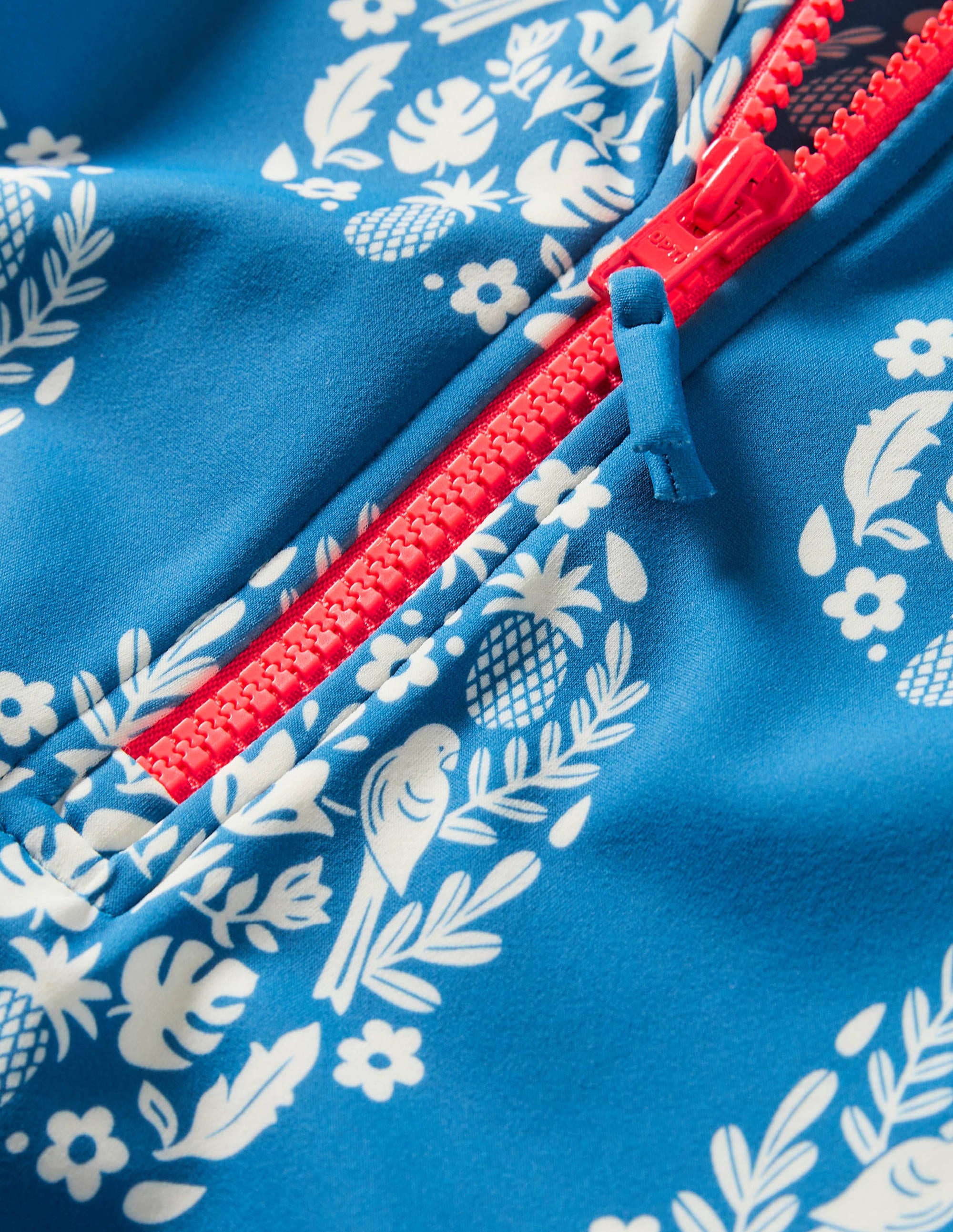Langärmeliger Badeanzug-Marineblau, Tropisches Holzschnittmuster - Image 3