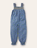 Salopette brodée à smocks-Motif floral chambray