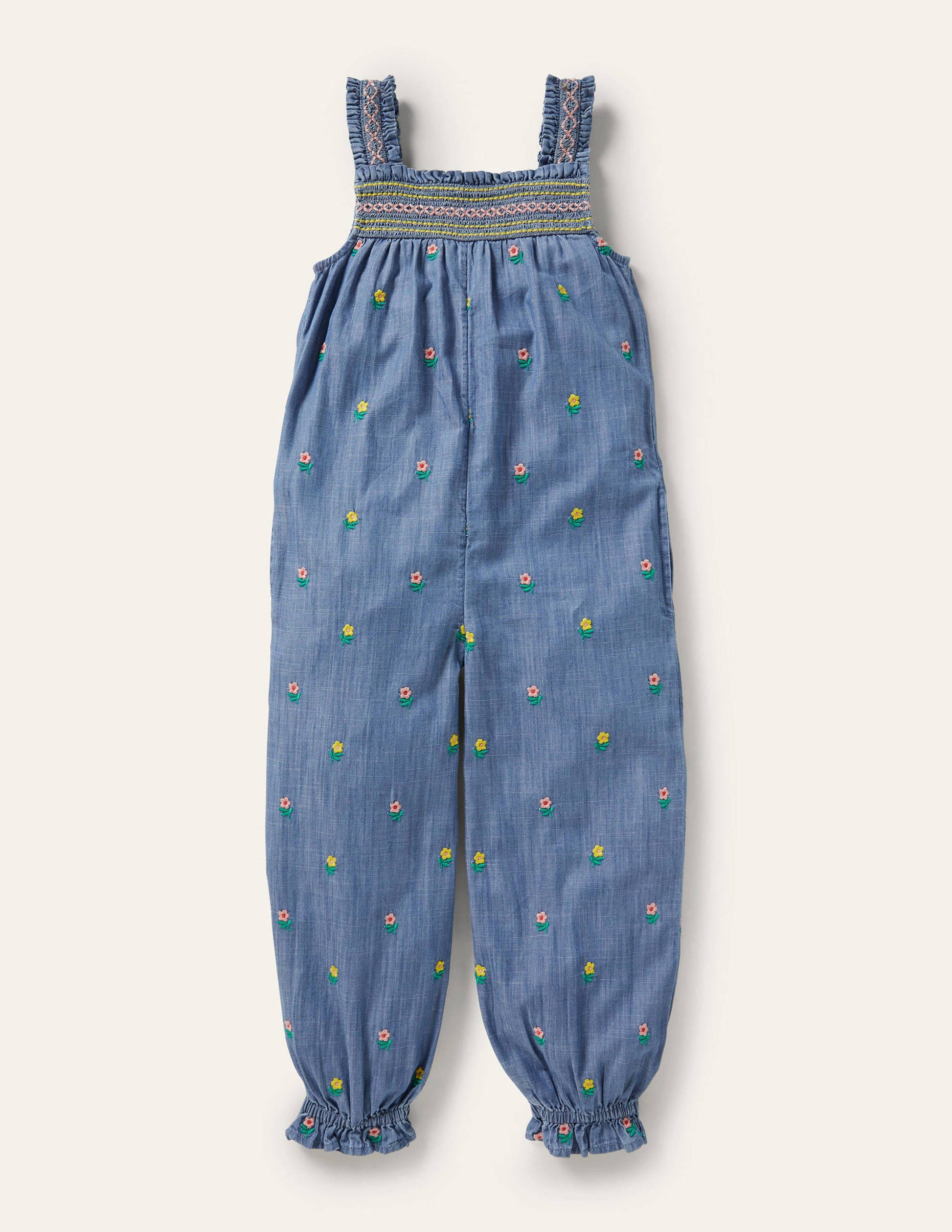 Salopette brodée à smocks-Motif floral chambray-1