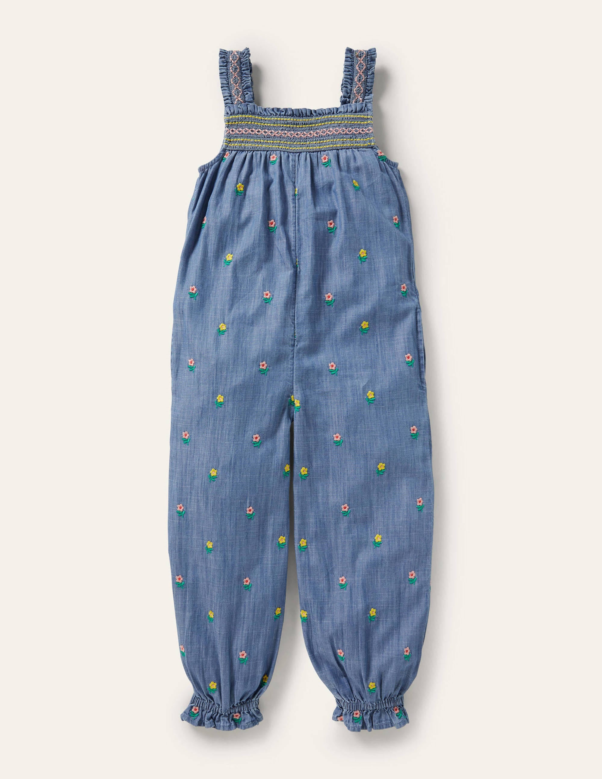 Salopette brodée à smocks-Motif floral chambray - Image 1
