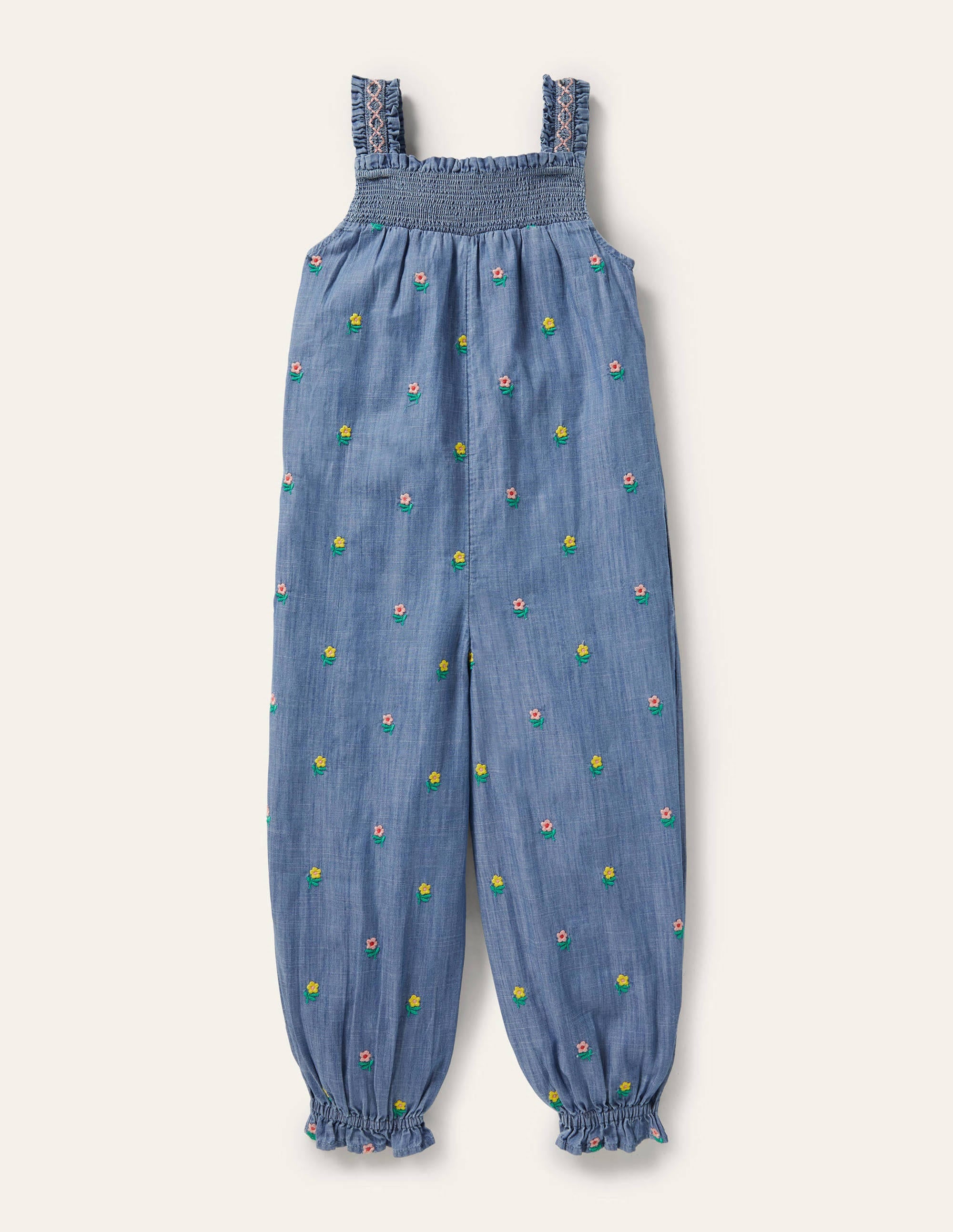Salopette brodée à smocks-Motif floral chambray - Image 2